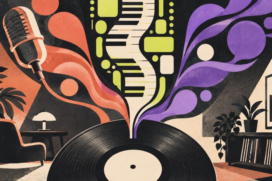 Textured cut-paper collage of a large black vinyl record in a cozy listening room, with a vintage microphone, cream piano keys, coral sound ribbons, violet flowing shapes, plants, and shelving against a charcoal background.